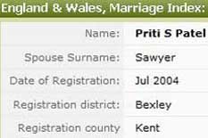 Extract from the marriage register for Ms. Priti Patel