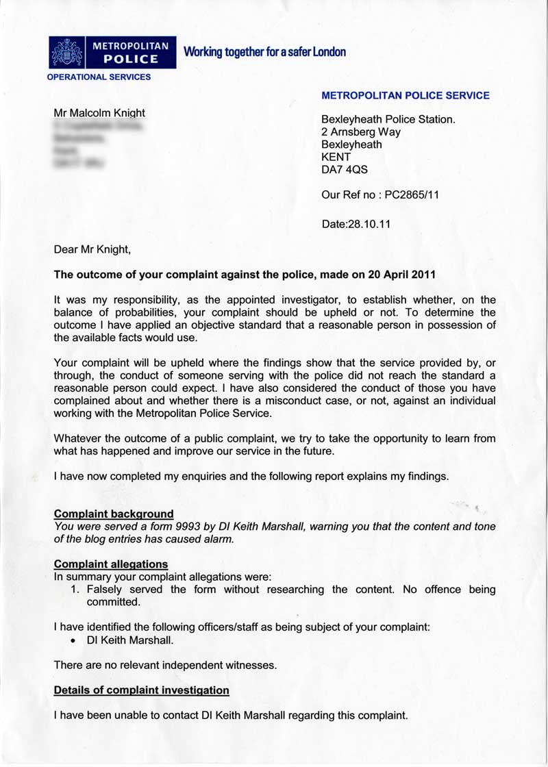 Complaint about Harassment letter page 1 - response