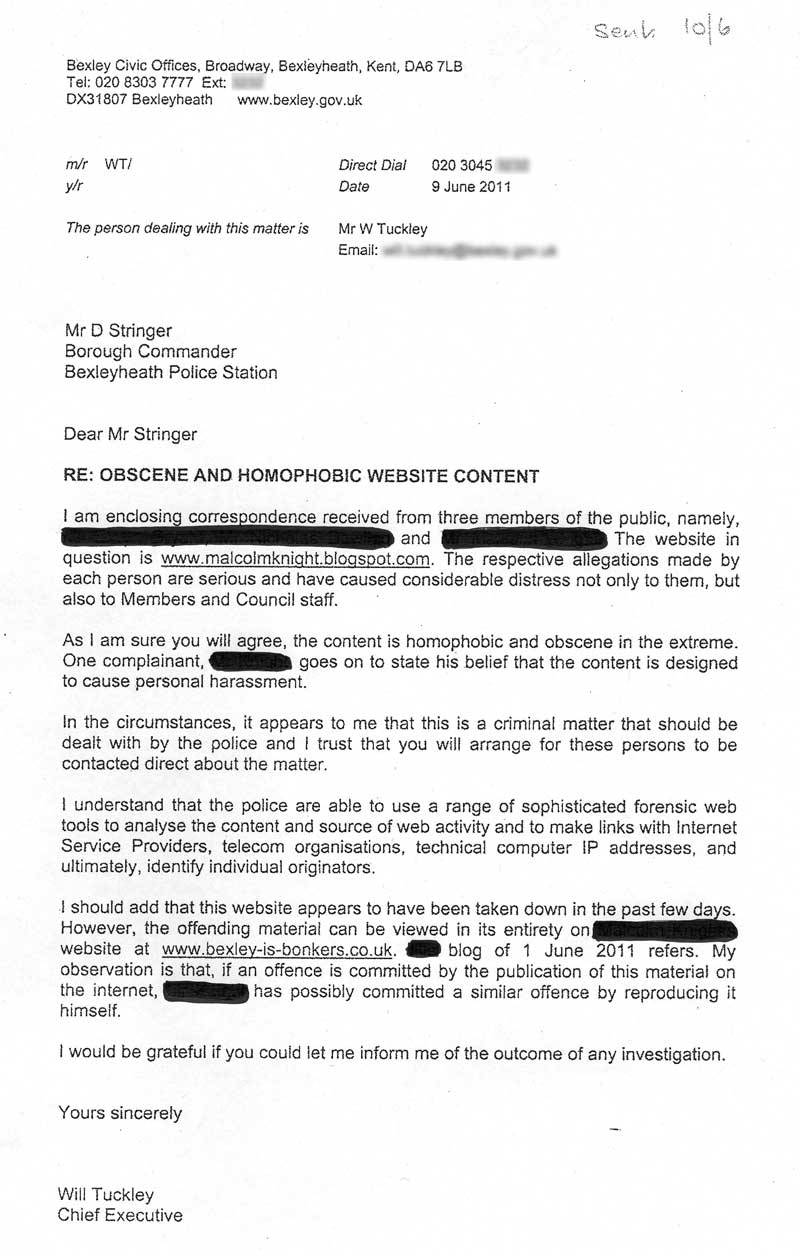 Will Tuckley's letter to Bexleyheath police about the obscene blog