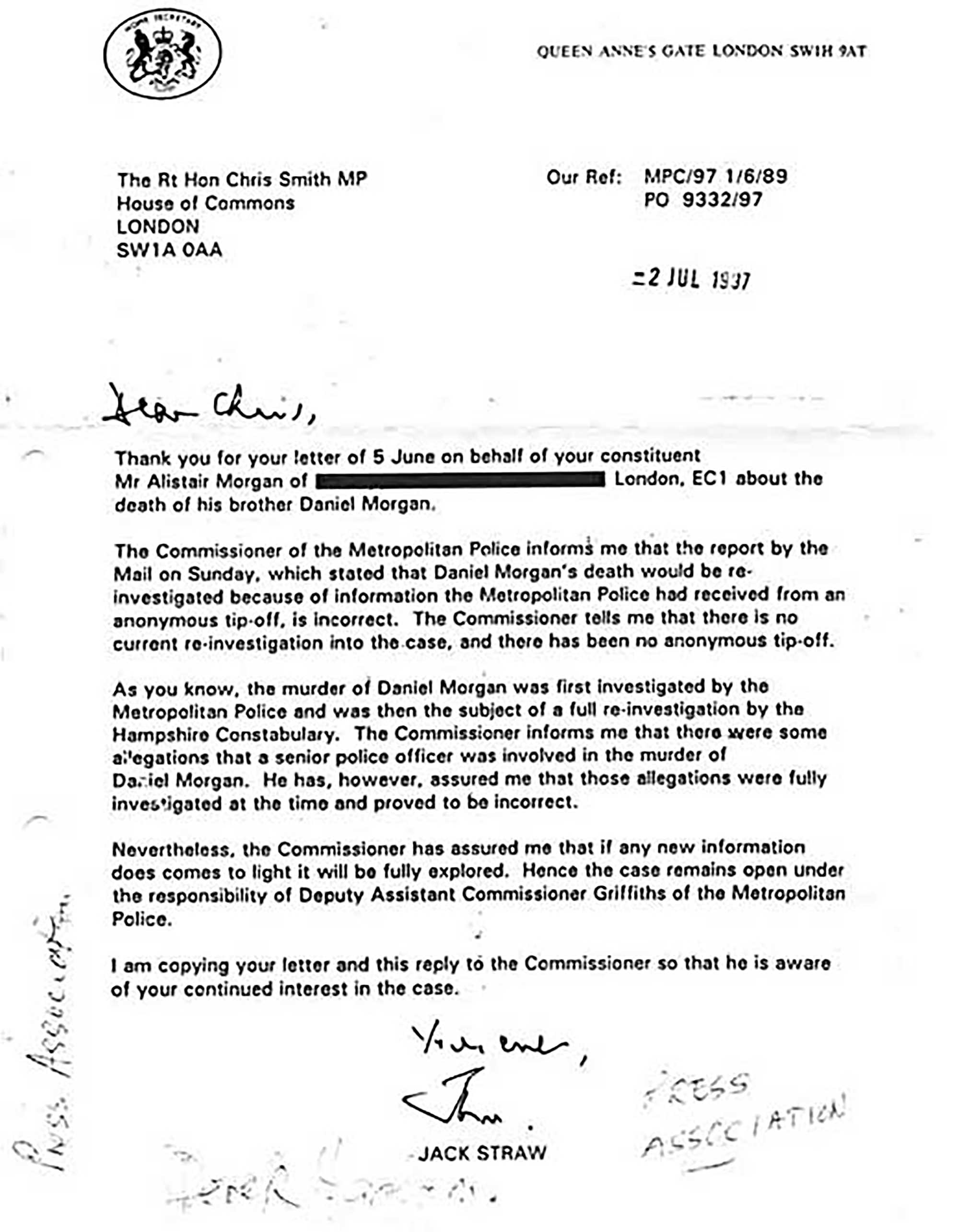 Letter from Jack Straw. Click to enlarge Letter from Jack Straw