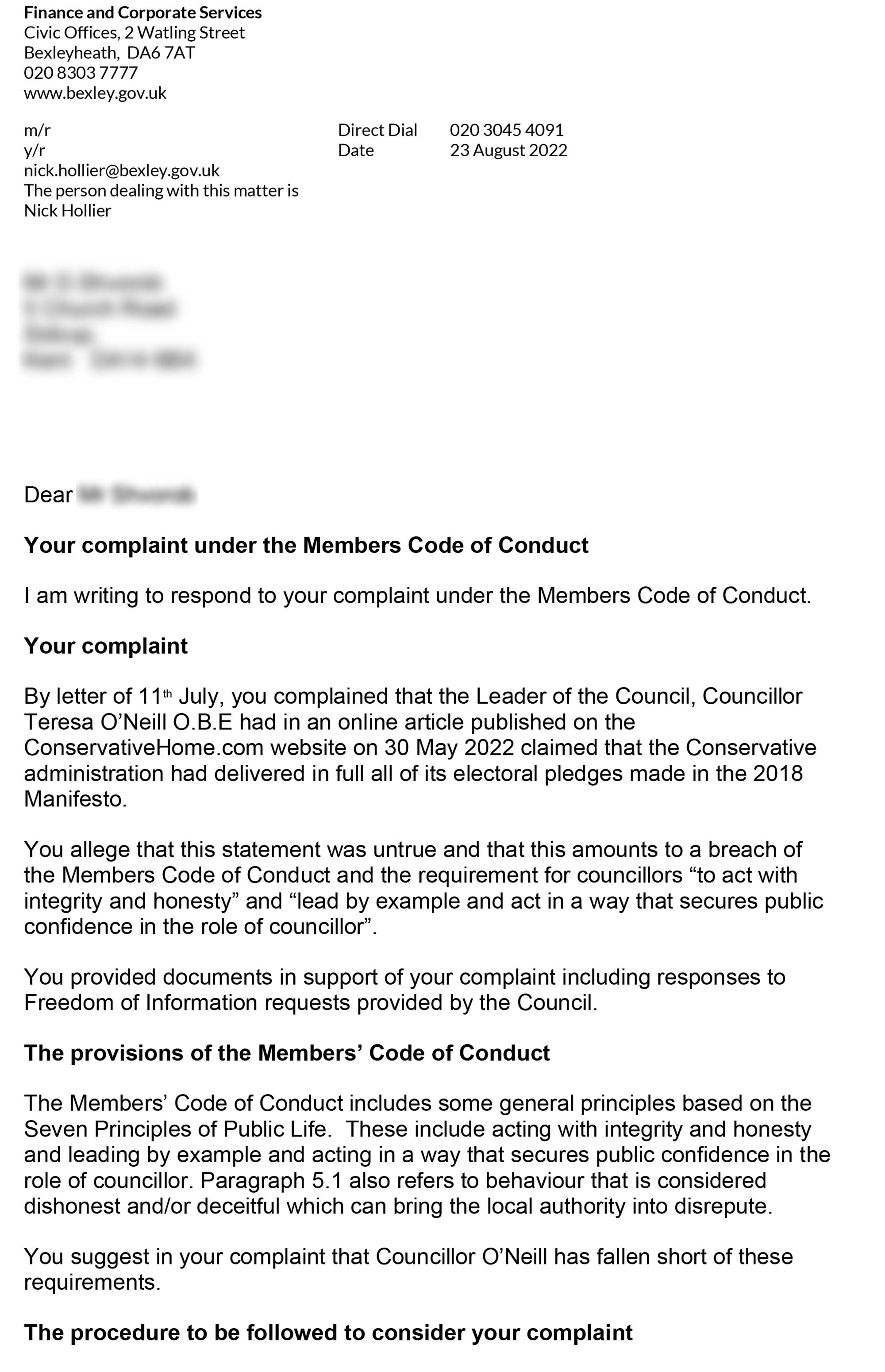 Reply from Deputy Director Corporate Services