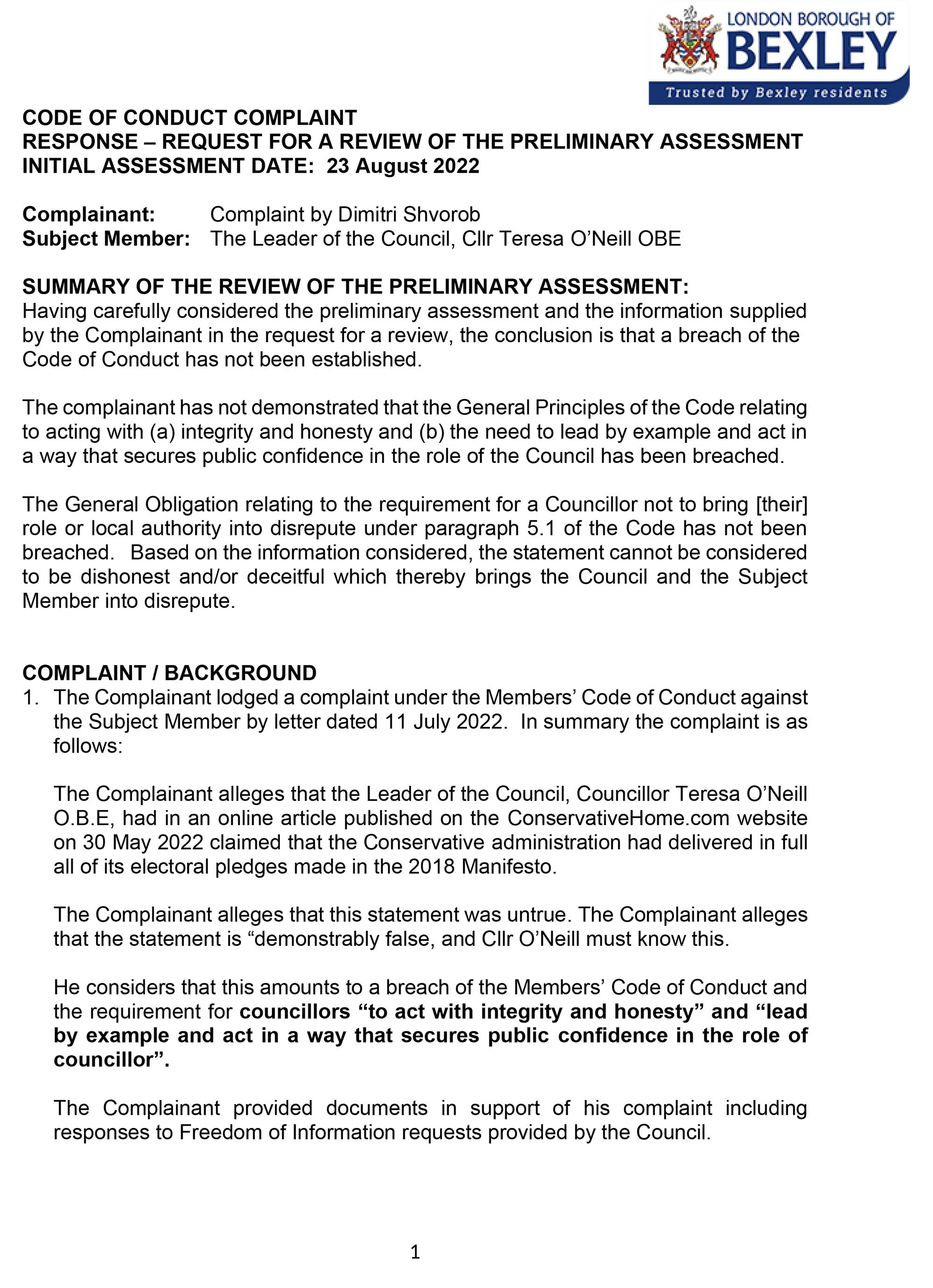 Reply from Monitoring Officer