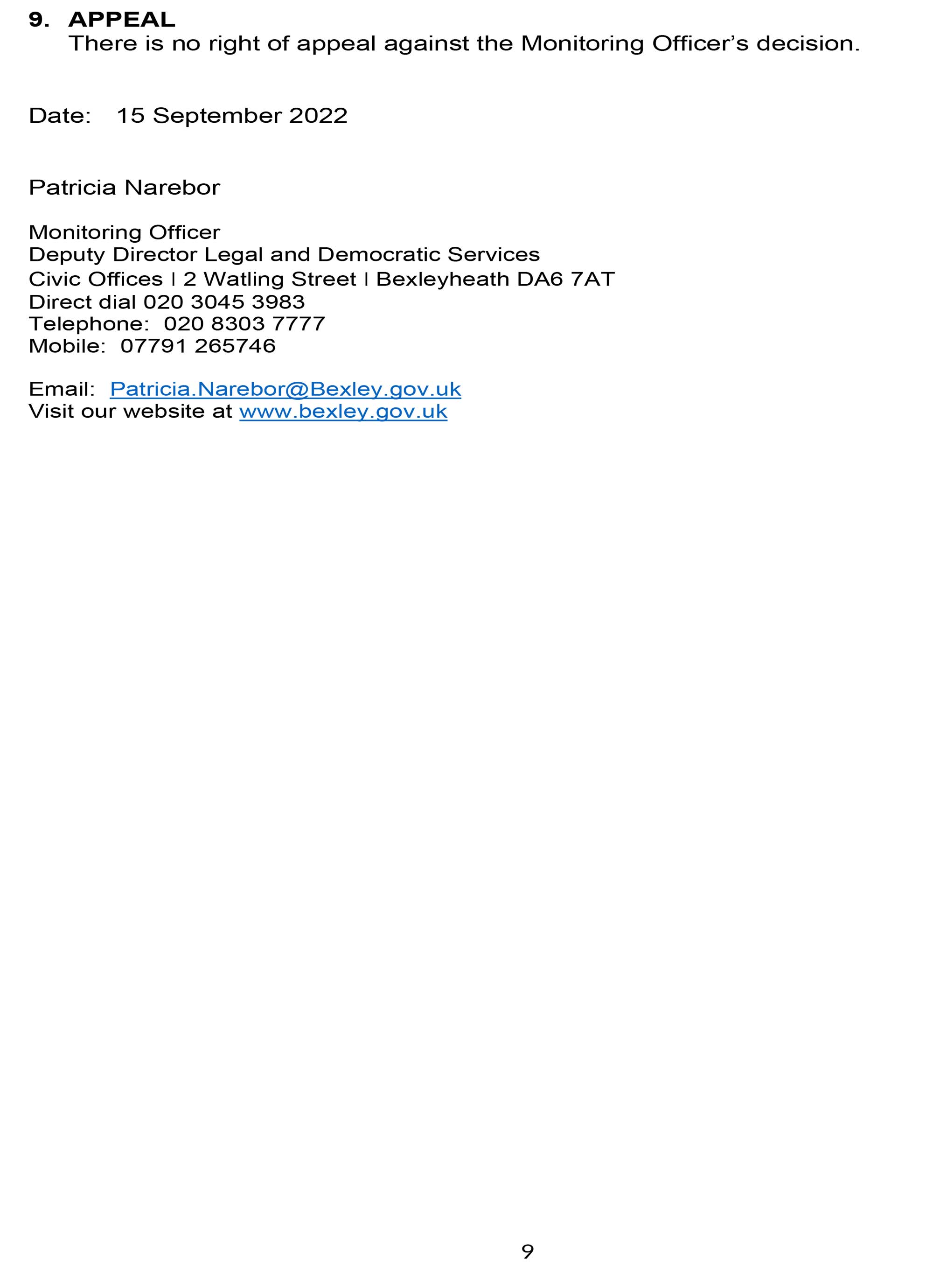 Reply from Monitoring Officer