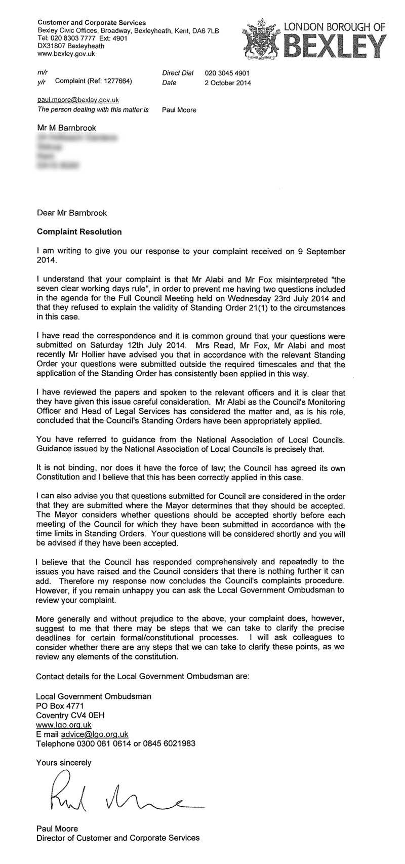 Questions to council - complaint