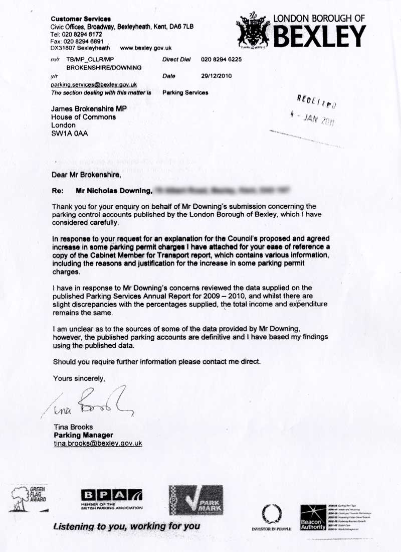 Letter from Tina Brooks, Parking Manager