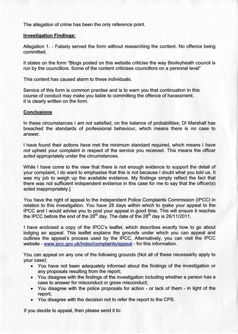 Complaint about Harassment letter page 2 - response