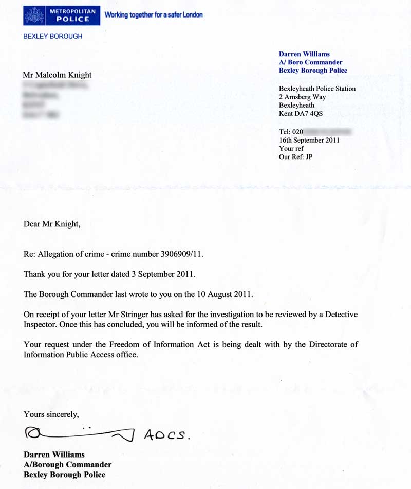 Letter from Assistant Borough Commander Williams