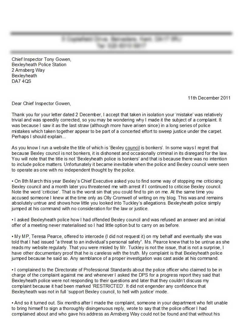 Letter to Chief Inspector Gowen