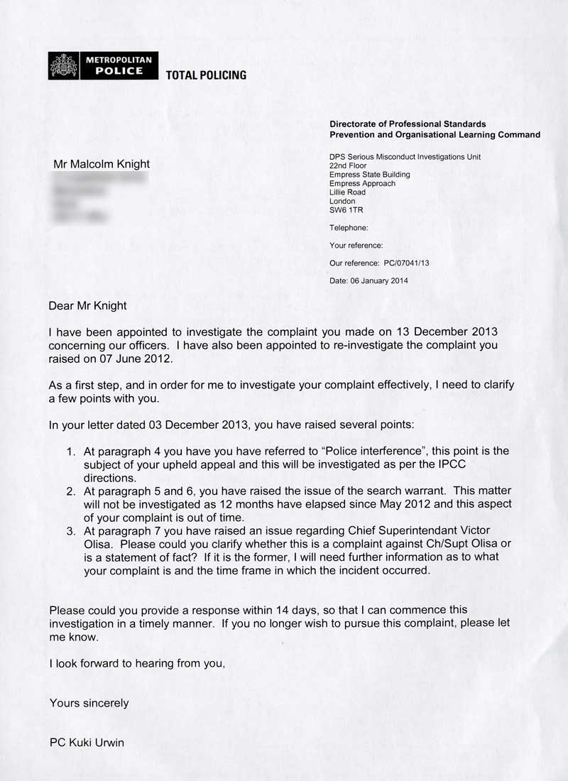 Letter from Directorate of Professional Standards